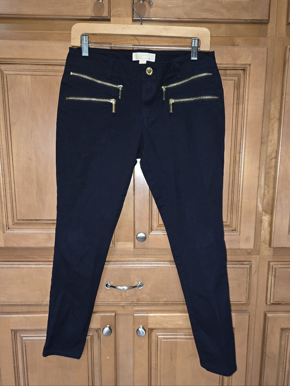 Michael Kore Women's Navy Skinny Pants with Gold Zipper Details
